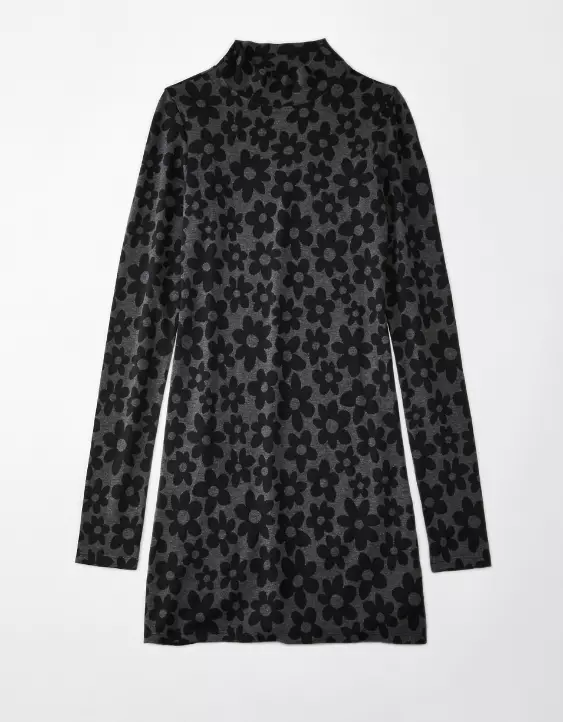 AE Knit Mock Neck Long-Sleeve Flower Mini Dress - Image 3