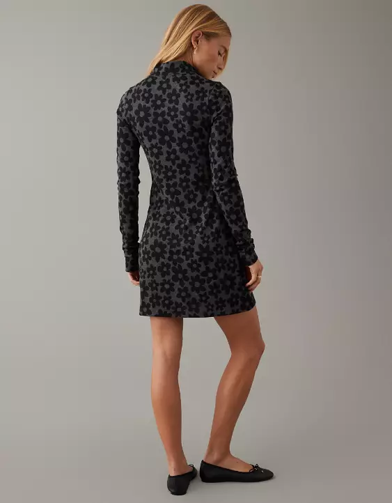 AE Knit Mock Neck Long-Sleeve Flower Mini Dress - Image 2