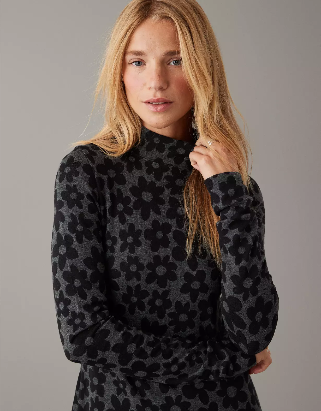 AE Knit Mock Neck Long-Sleeve Flower Mini Dress